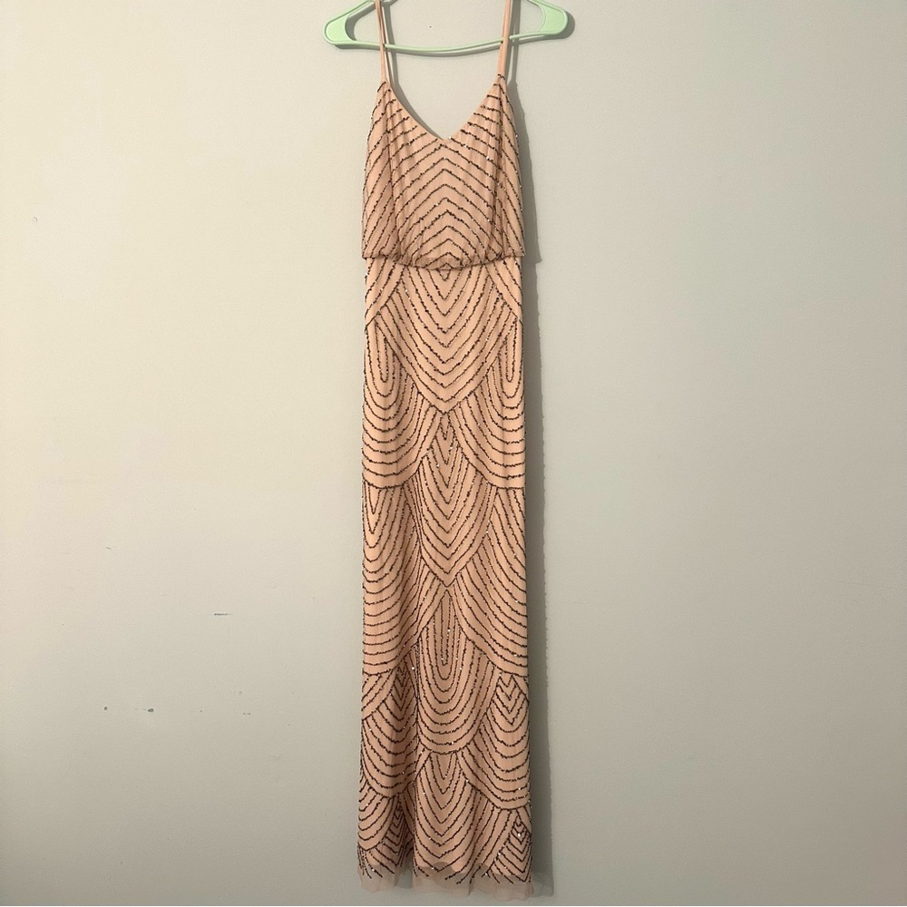 Adrianna Papell Blush Beaded Maxi Gown with Scallop Pattern